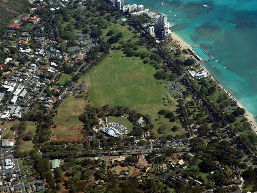Aerial view of Kapiolani Park, Waikiki Shell, Natatorium, Zoo