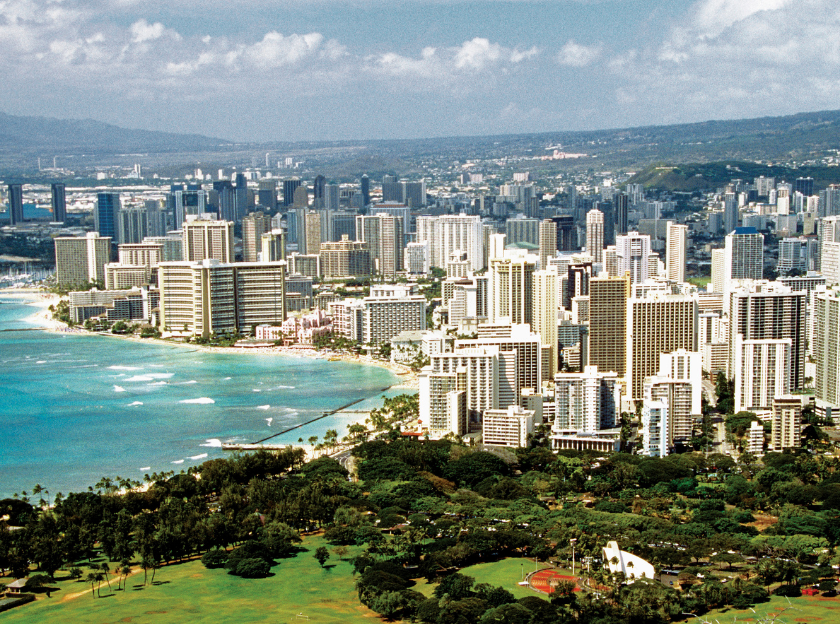 View of Oahu and Kapiolani Park from Diamond Head in Oahu, Hawaii, USA