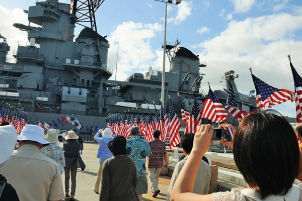 Visitors flock at the entrance of USS Battleship Missouri