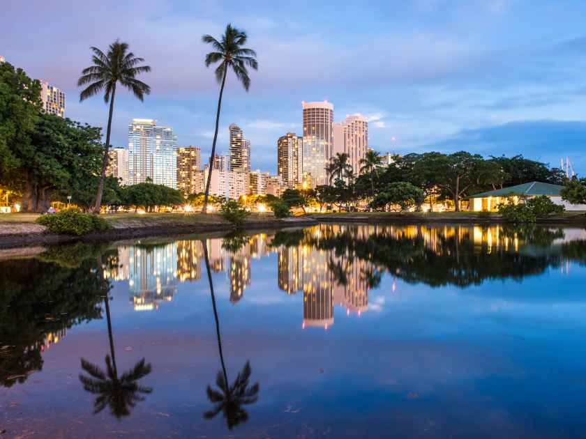 Dusk view of Waikiki from Ala Moana Beach Park pond