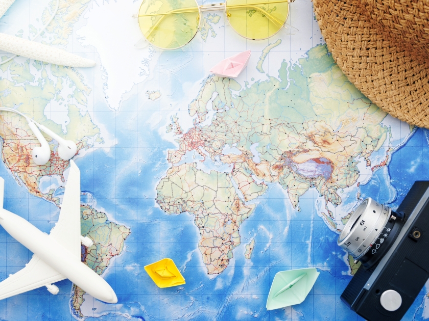 world map with camera toy plane starfish. Resolution and high quality beautiful photo