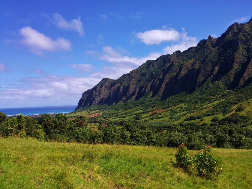 Cliffs of Ahupua'a O Kahana State Park framing the Pacific Ocean in Oahu, Hawaii