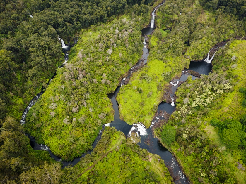 Waterfalls near Hilo, Big Island ,Hawaii. Aerial photograph out of a helicopter.