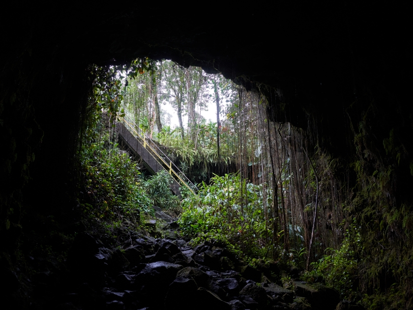 Entrance of Kaumana Caves, a massive 1881 lava tube cave formed by Mauna Loa on the Island of Hawai'i.
