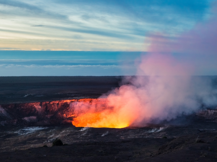 Fire and steam erupting from Kilauea Crater (Pu'u O'o crater), Hawaii Volcanoes National Park, Big Island of Hawaii