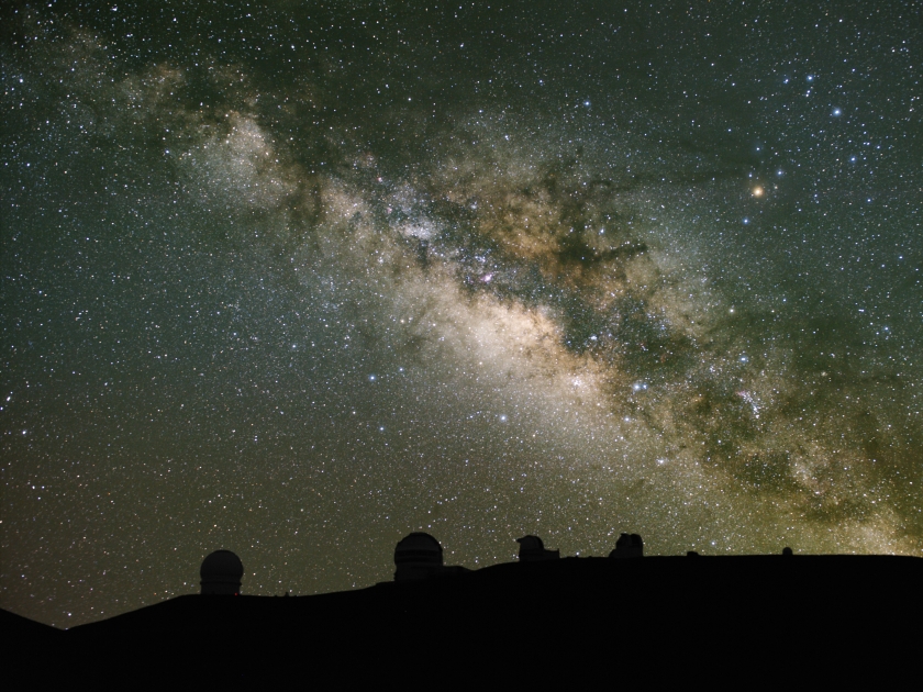 Telescopes observe the Milky Way. These are on Mauna Kea, Hawaii; one of the best astronomical sites in the world.