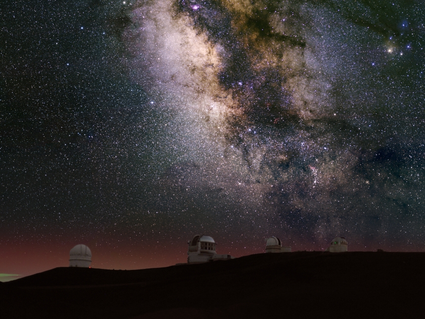 Milky Way over telescope domes on Mauna Kea, HAwaii.