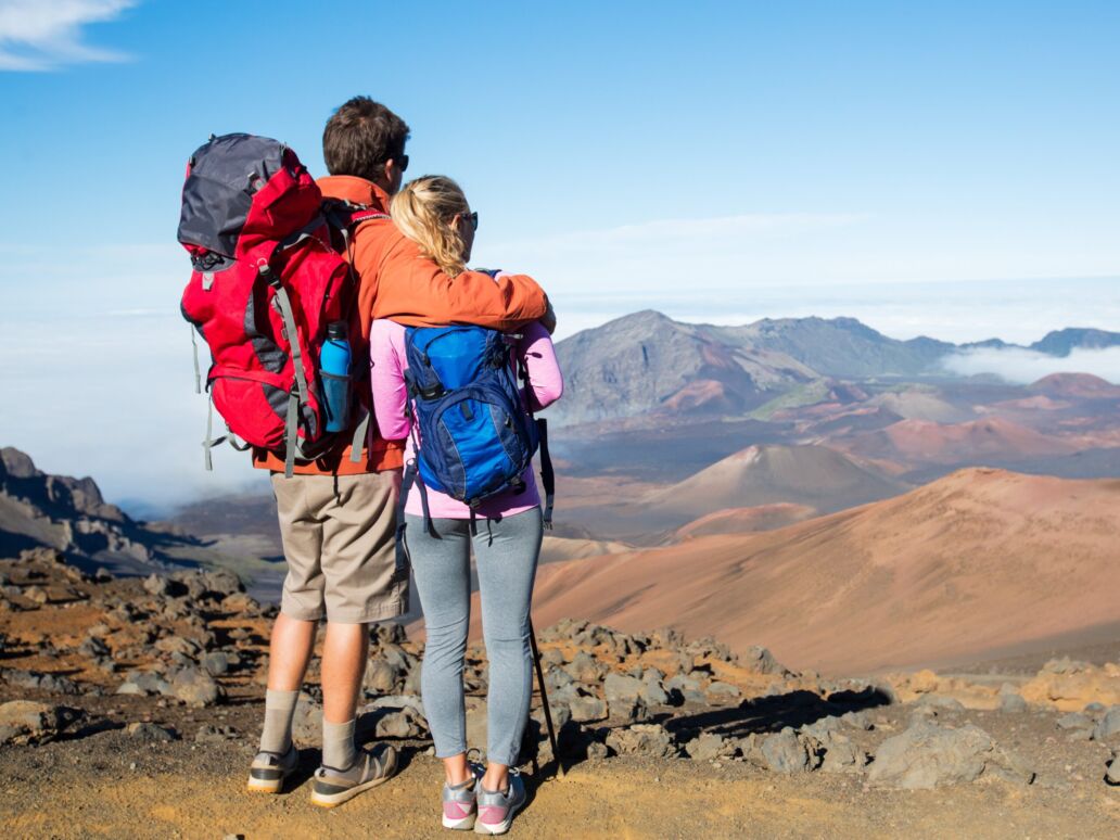 Man,And,Woman,Hiking,On,Beautiful,Mountain,Trail.,Trekking,And