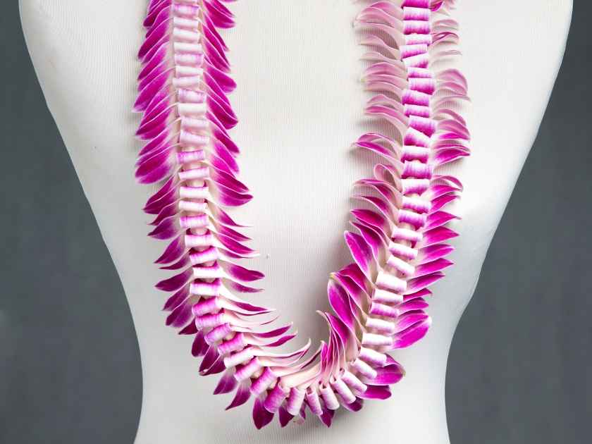 Hawaii fancy flowers lei necklace made from Orchid Flower, Purple Sepal in Butterfly shape.