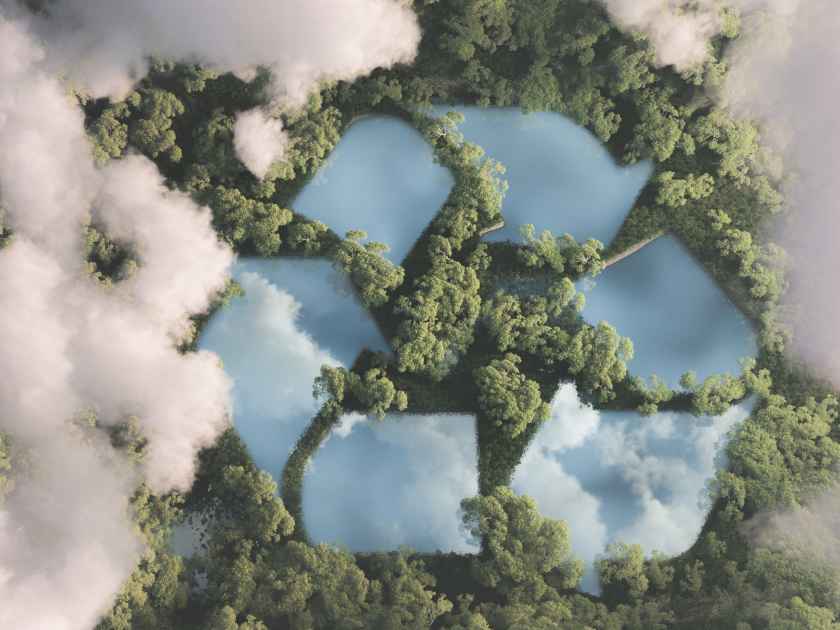Eco friendly waste management concept. Recyclyling sign in a lake shape in the middle of dense amazonian rainforest vegetation viewed from high above clouds with small yellow airplane. 3d rendering.