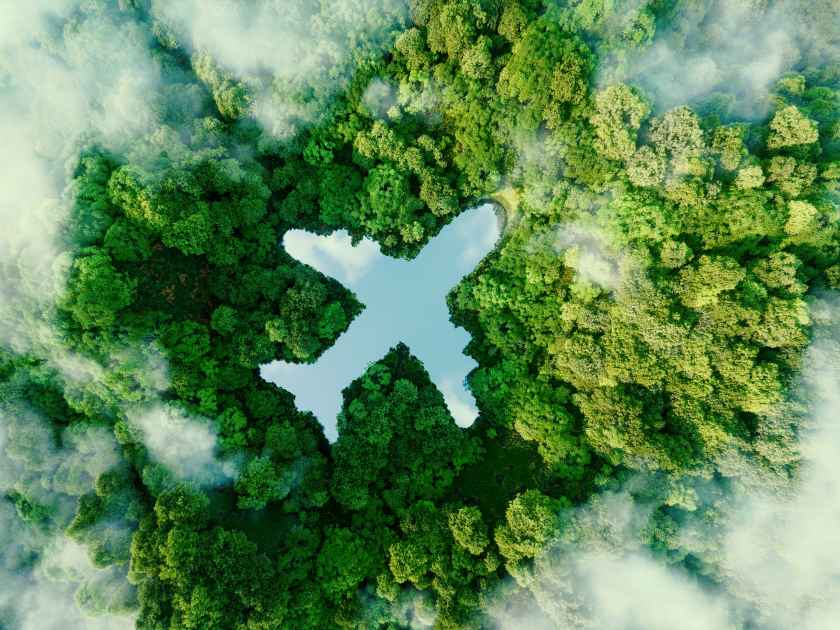 A lake in the shape of an airplane in the middle of untouched nature - a concept illustrating the ecology of air transport, travel and ecotourism. 3d rendering.