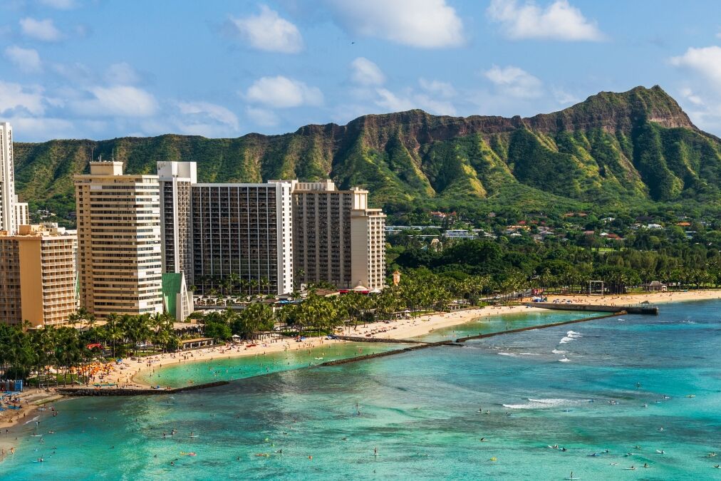 Hawaii panoramic Honolulu city travel landscape banner background of Waikiki beach and Diamond Head mountain peak at sunset, Oahu island, USA vacation.