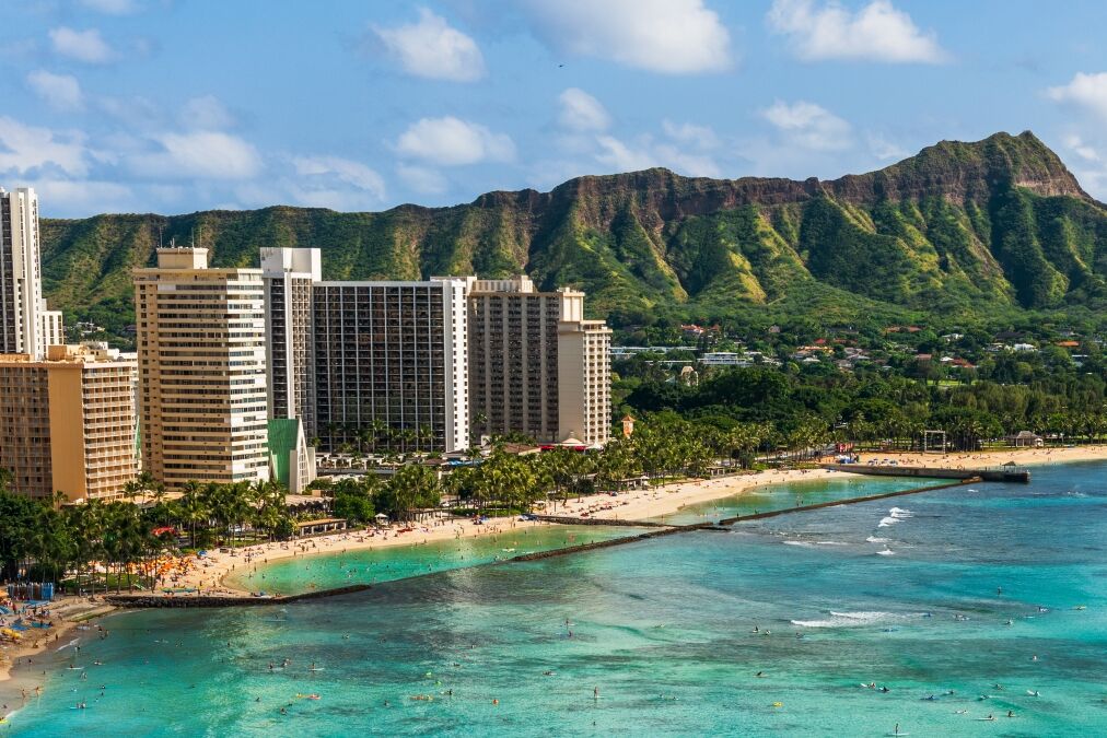 Hawaii panoramic Honolulu city travel landscape banner background of Waikiki beach and Diamond Head mountain peak at sunset, Oahu island, USA vacation.