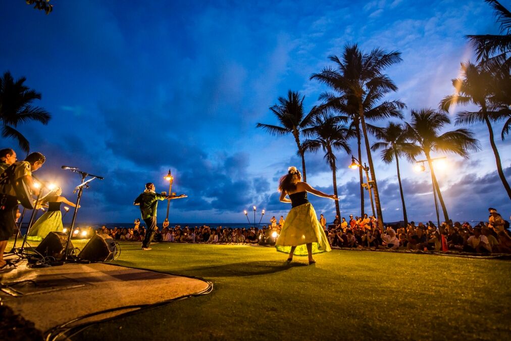 Hawaiian hula dance at Waikiki beach, Hawaii, USA