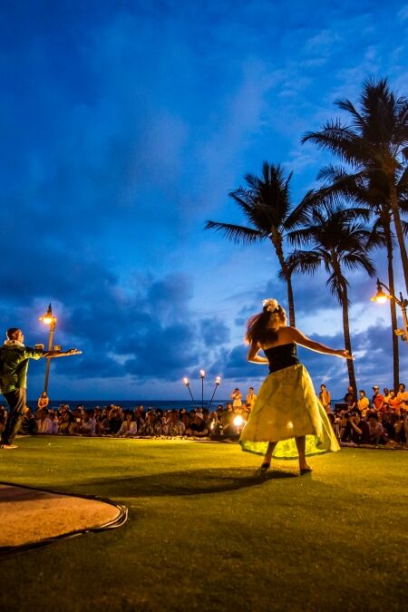 Hawaiian hula dance at Waikiki beach, Hawaii, USA