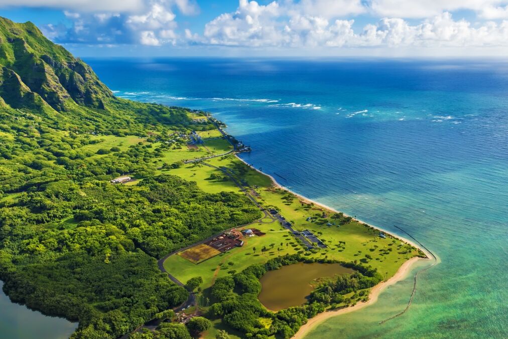 Aerial view of Kualoa Point at Kaneohe Bay, Hawaii, Oahu, Hawaii, USA