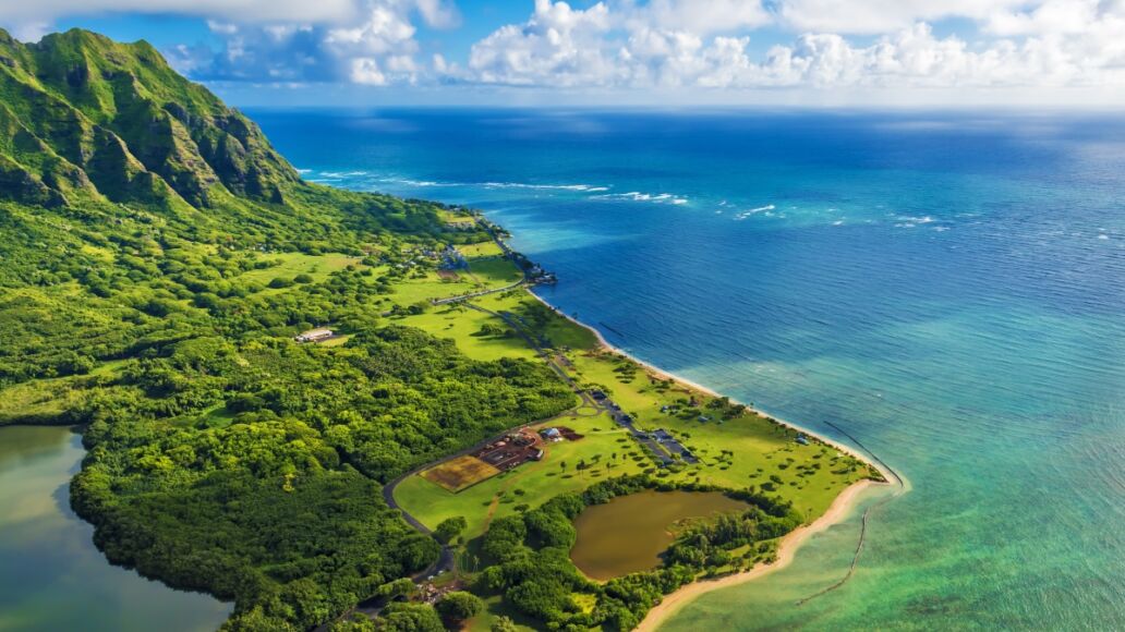 Aerial view of Kualoa Point at Kaneohe Bay, Hawaii, Oahu, Hawaii, USA