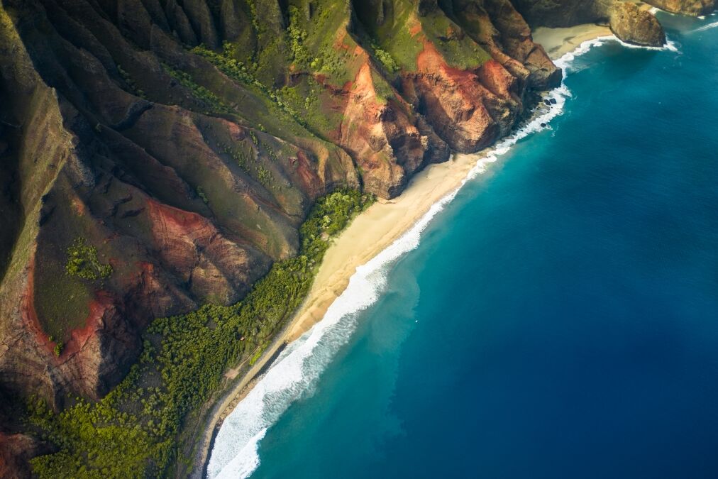 beautiful nature landscape in Kauai island Hawaii. View from helicopter/plane/top. Forest. Mountains. Ocean. View . Drone