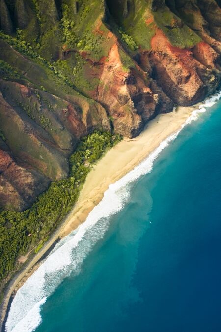 beautiful nature landscape in Kauai island Hawaii. View from helicopter/plane/top. Forest. Mountains. Ocean. View . Drone