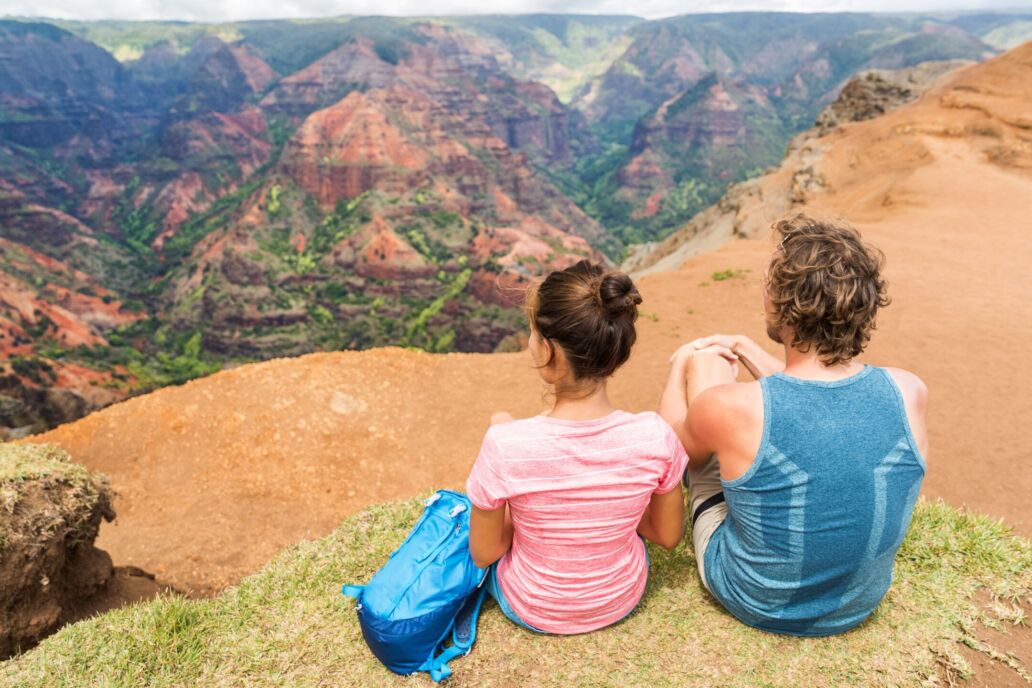 Hawaii,Kauai,Nature,Hiking,Couple,Enjoying,View,Of,Waimea,Canyon.happy