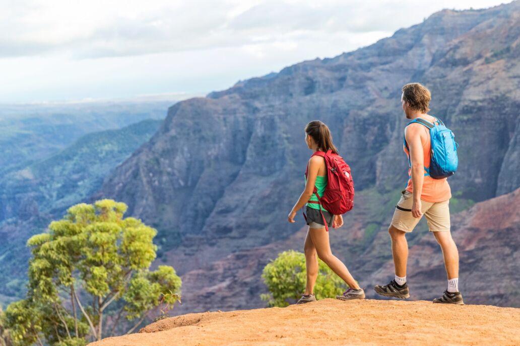 Hikers,Couple,Hiking,In,Mountains,Landscape.,Woman,And,Man,Walking