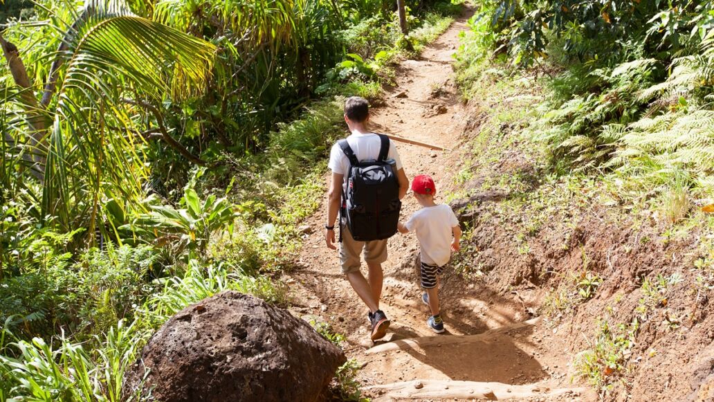 Family,Of,Two,Hiking,The,Kalalau,Trail,At,Kauai,Island,
