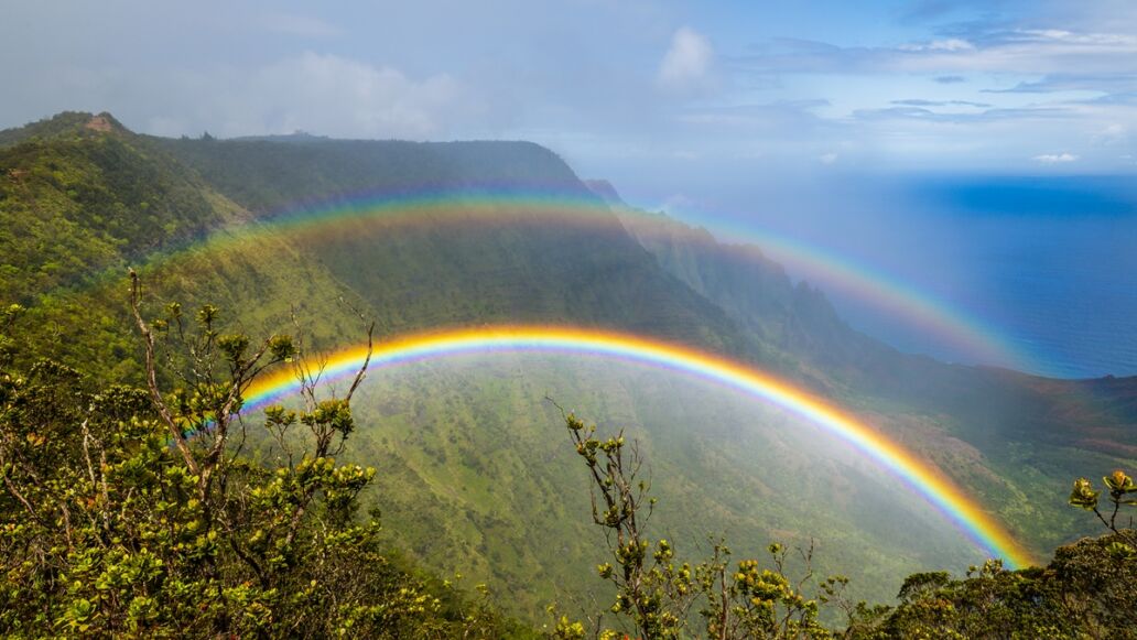Double,Rainbow,Over,Kalalau,Valley,,Seen,From,Pihea,Trail,,Kauai,