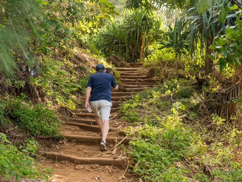 Senior,Hiker,Walsk,Up,The,Steep,Kalalau,Trail,From,Ke'e