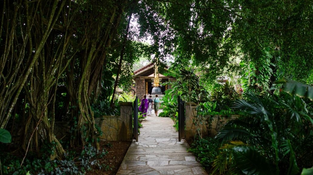 Garden at Kauai's Hindu Monastery, A Hindu monastery-temple complex in Hawaii of the Tamil Saivite tradition, with Indian–style temples on lush, tropical grounds, Wailua, Kauai, Hawaii