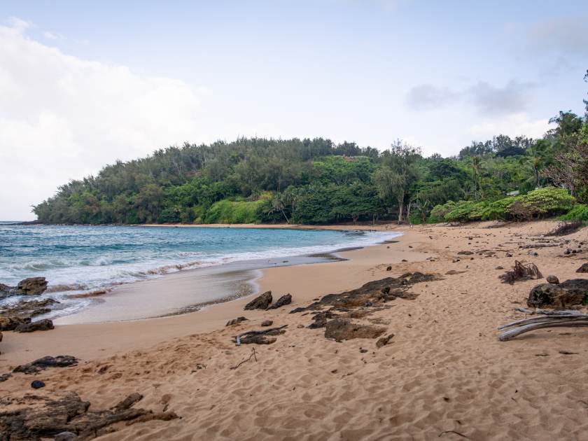 Moloa'a Beach, Kauai, Hawaii. Sandy Hawaiian beach with lava rocks