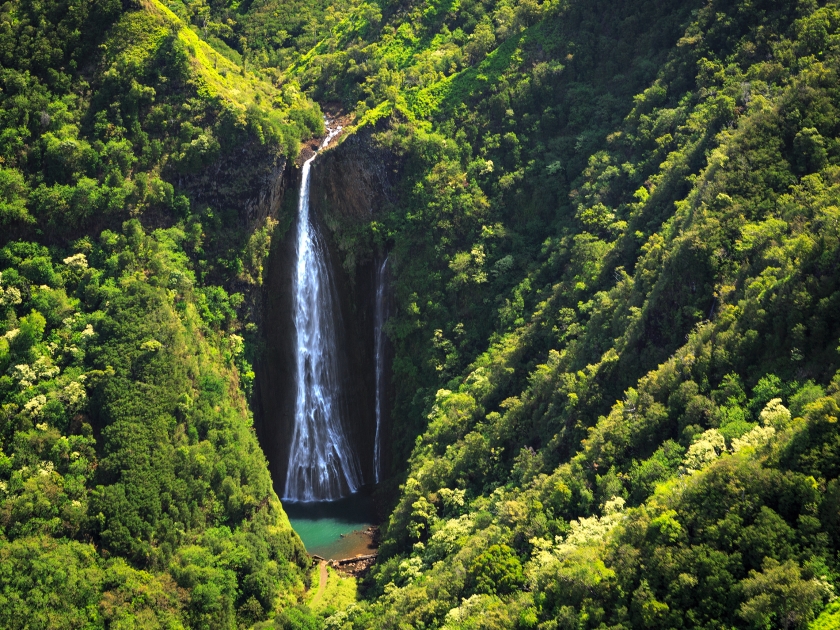 Famous waterfall on Kauai island taken from the air