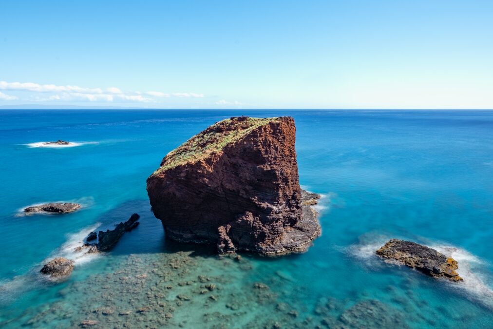 Sweet Heart Rock, a famous lookout point on Lanai, Hawaii / long exposure with smooth water