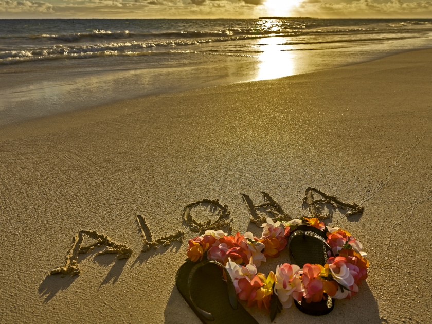 Tropical island beach aloha in sand with slippers