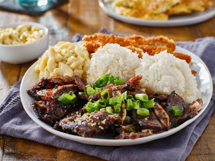 hawaiian bbq plate with mix of chicken katsu, korean kalbi beef short ribs, rice, and macaroni salad