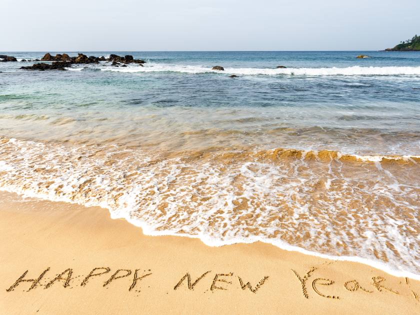 Happy New Year, lettering on the beach