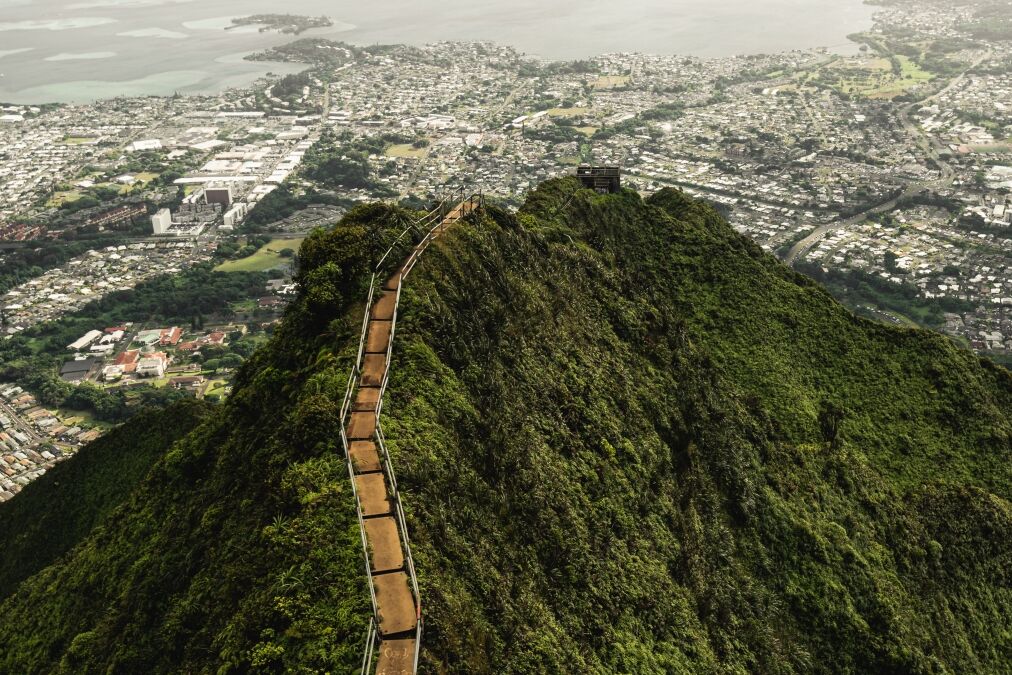 Dramatic moody view of Kaneohe and Ho'omaluhia Botanical Gardenin Oahu, Hawaii.Taken on the Stairway to Heaven (Haiku Stairs) hike.
