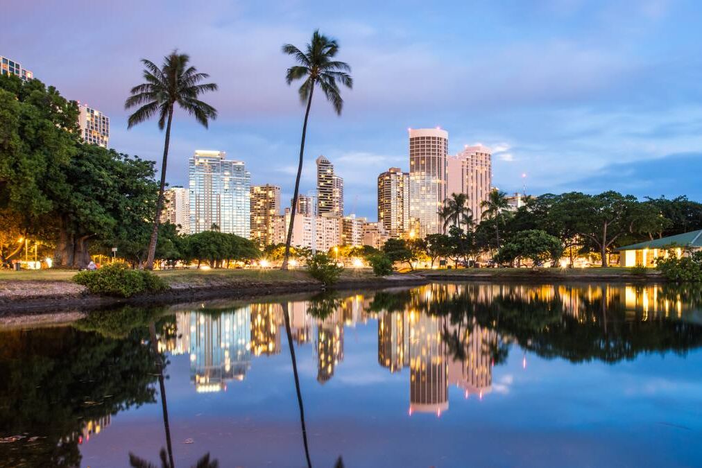 Dusk view of Waikiki from Ala Moana Beach Park pond