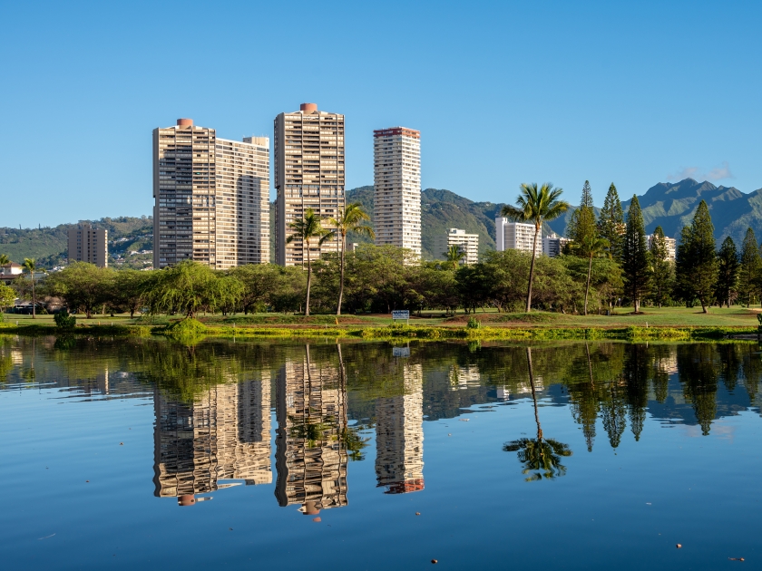 Views along the Ala Wai Canal that surrounds the Honolulu neighbourhood of Waikiki.