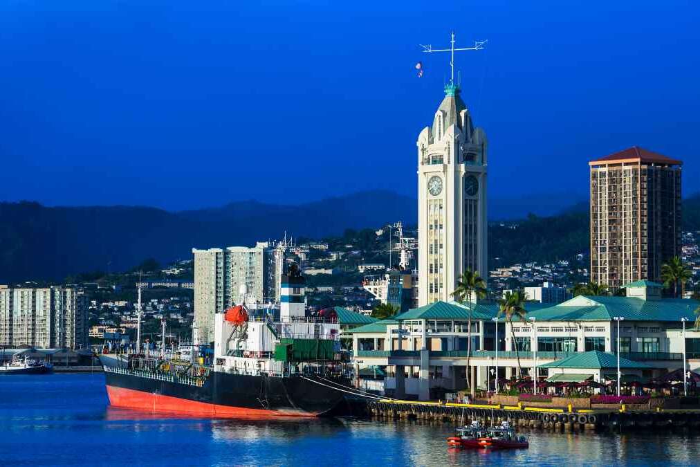 Aloha tower in Honolulu at dusk, Hawaii