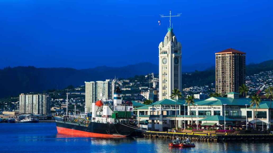 Aloha tower in Honolulu at dusk, Hawaii