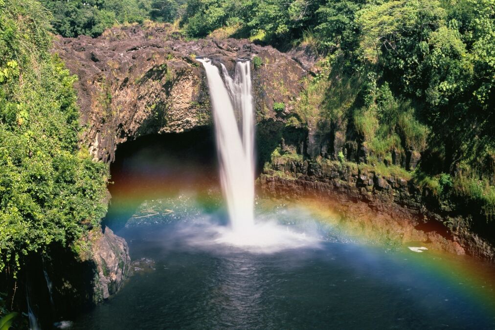 Beautiful Rainbow Waterfalls in Paradise on the Big Island in Hawaii. Wailua Waterfall near the island capital Lihue on the island of Kauai, Hawaii.