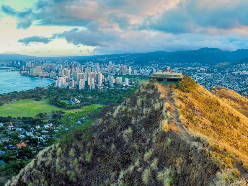 Sun rise view of Honolulu from top of Diamond Head look out