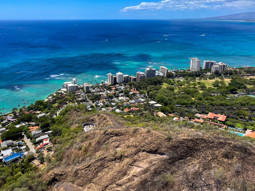 Hiking the Diamond Head Volcano Trail in Honolulu, Hawaii, looking down at Waikiki, Hawaii from the Fire Control Station used in World War 2