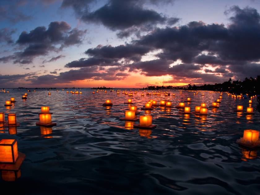 The annual Lantern Floating Memorial Day celebration event at Magic Island, Oahu, Hawaii.
