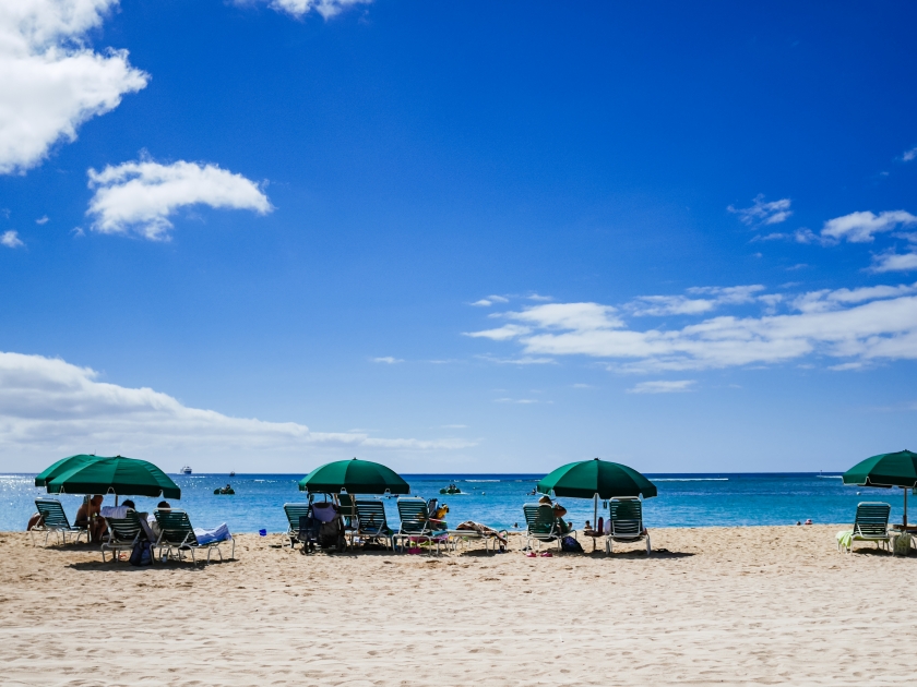 Fort Derussy Beach in Waikiki, Honolulu, Oahu Island, Hawaii, USA. Waikiki Beach in the center of Honolulu has the largest number of visitors in Hawaii.