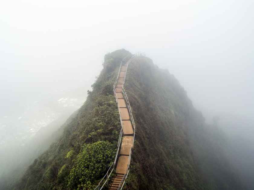 Stairway to Heaven hidden in fog, Haiku Stairs Built in World War II, Hiking in Oahu, Hawaii