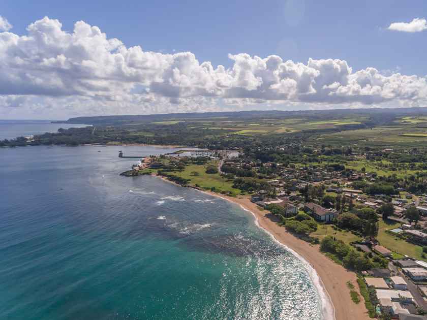 Aerial view of Haleiwa Beach on the north shore of Oahu Hawaii