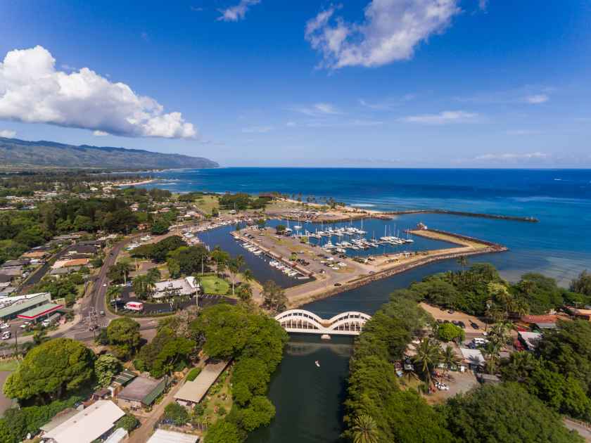 Haleiwa Hi Oct. 18 2016, Aerial view of the Haleiwa small boat Harbor and Rainbow bridge