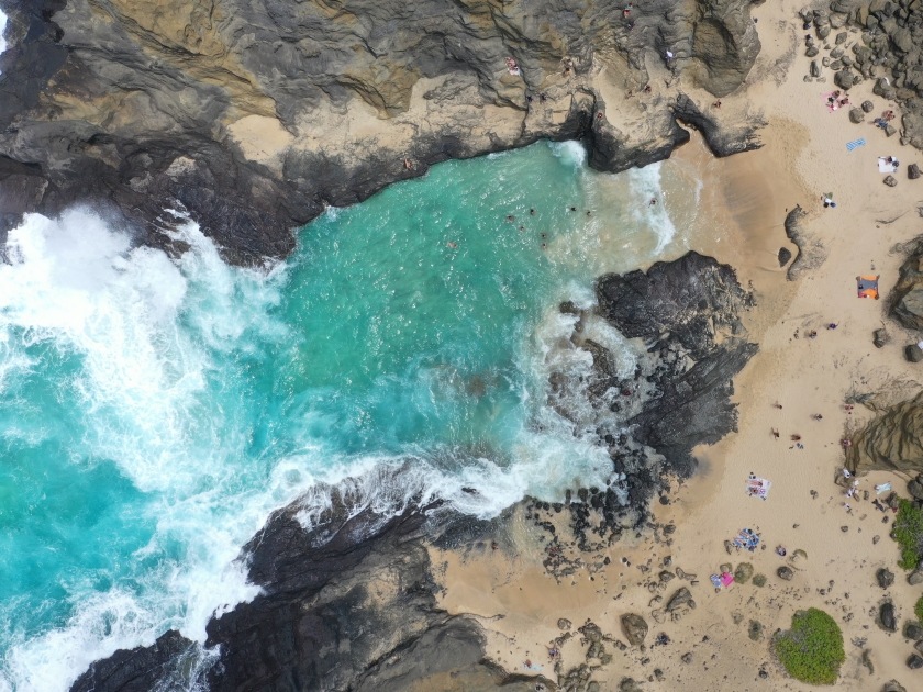 Beautiful aerial view of Halona Beach cove in Hawaii