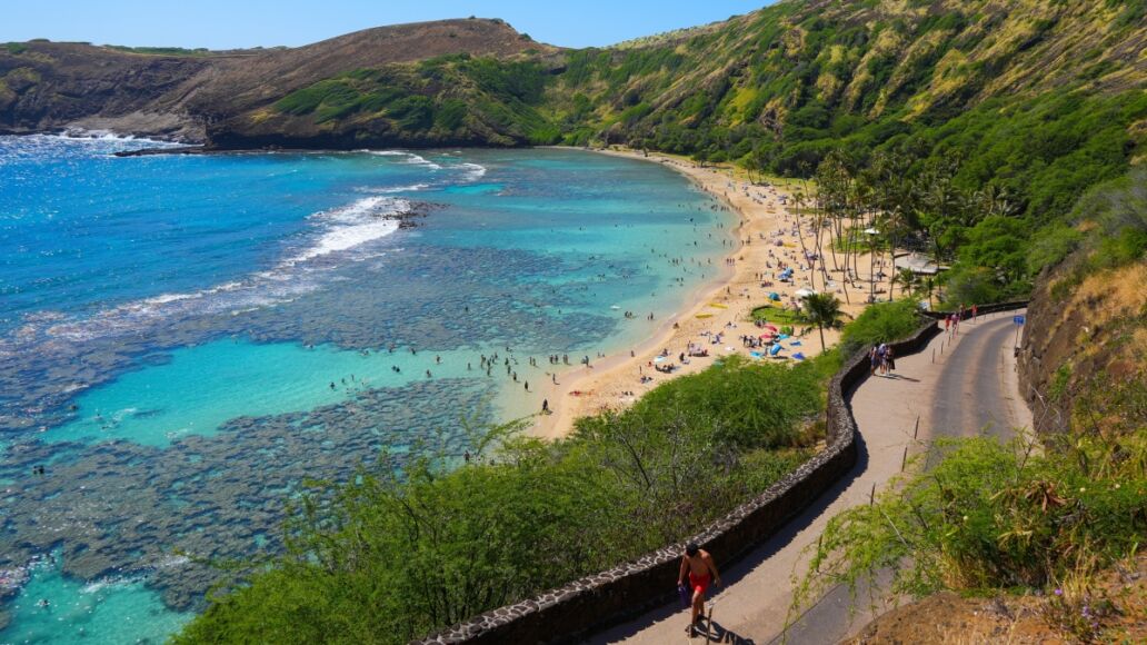 Access ramp to the beach of Hanauma Bay Nature Preserve on O'ahu island in Hawaii, United States